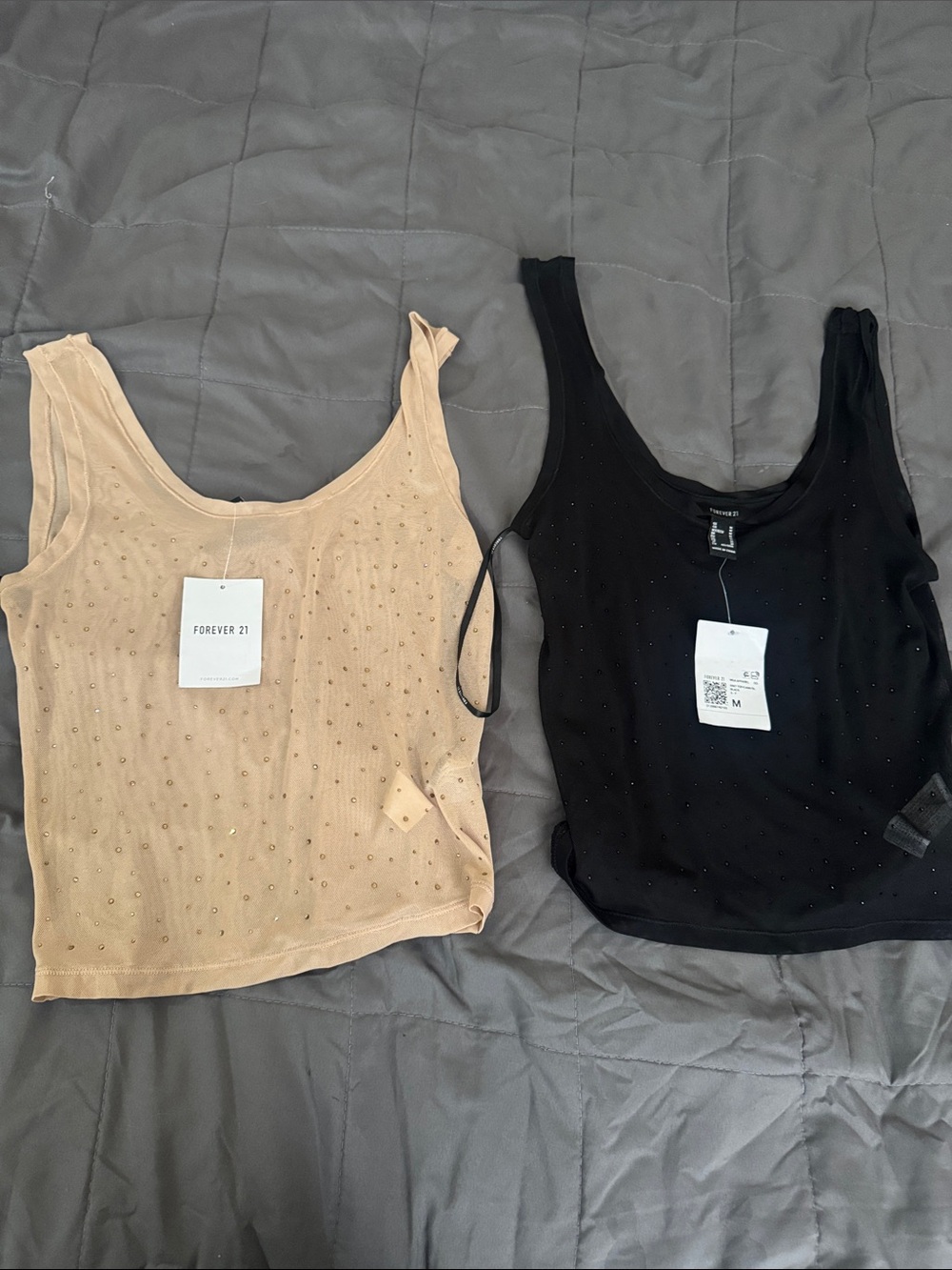 Forever 21 Rhinestone sheer Scoop Tank Tops - Black & Nude